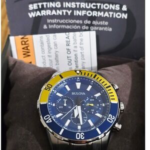 Bulova Men Chronograph Stainless Steel Watch Blue Dial Sport Diver Casual Luxury